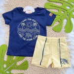 Verão 24/25 - Conj. Camiseta Save Our Seas e Short em Linho Tartaruga - Marinho e Amarelo