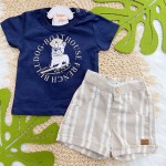 Verão 24/25 - Conj. Camiseta BullDog Surfista e Short - Azul Marinho e Areia