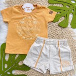 Verão 24/25 - Conj. Camiseta Save Our Seas e Short em Linho Tartaruga - Laranja e Areia