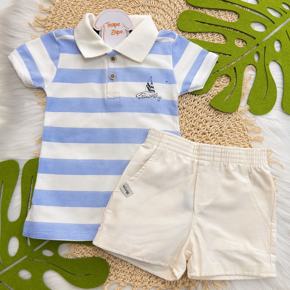 Verão 24/25 - Conj. Camiseta Listrada Caravela com Gola Polo e Short - Azul e Off White