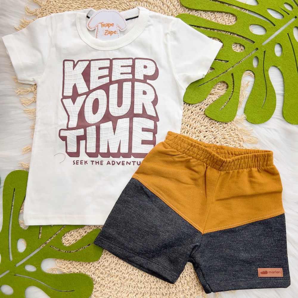 Verão 24/25 - Conj. Camiseta Keep Your Time e Short em Moletinho - Off White e Ferrugem