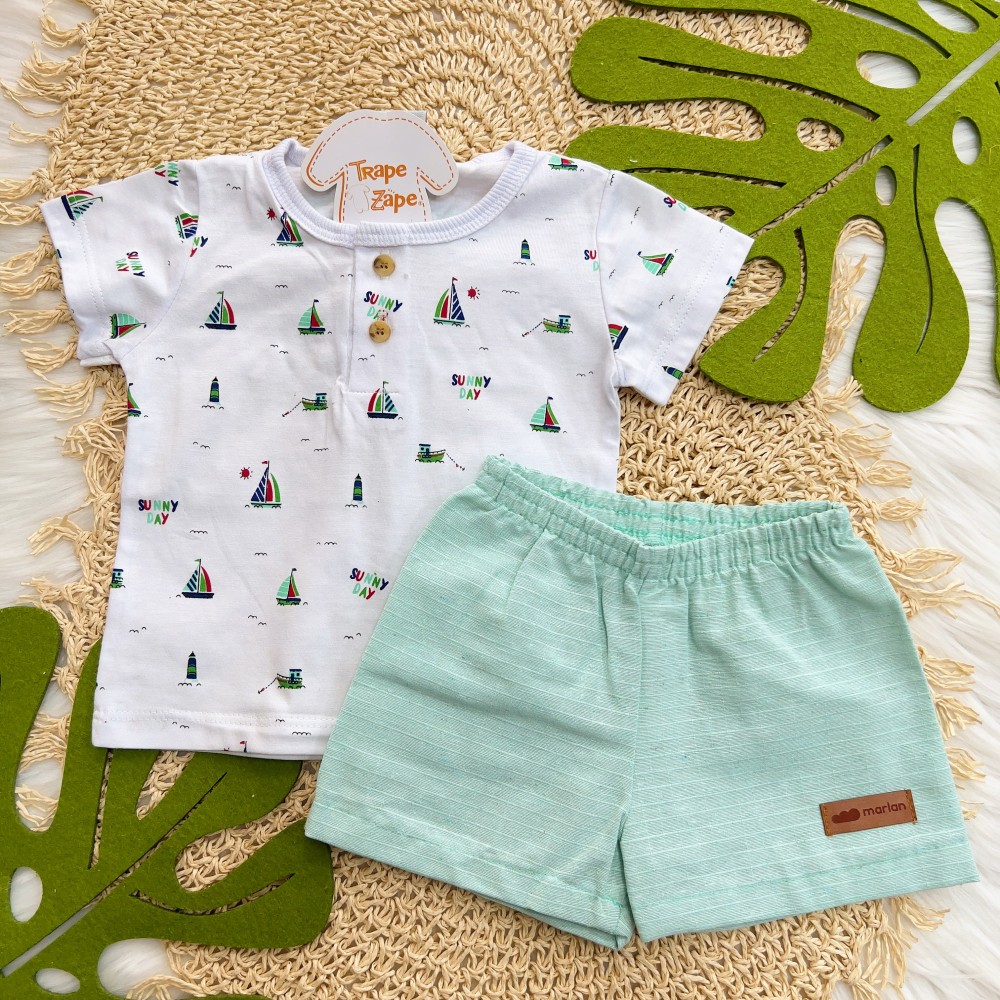 Verão 24/25 - Conj. Camiseta Barquinhos e Short - Branco e Verde Água