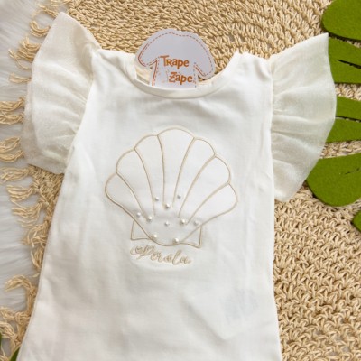 Verão 24/25 - Conj. Blusa Concha com Pérola e Short Acetinado - Off White