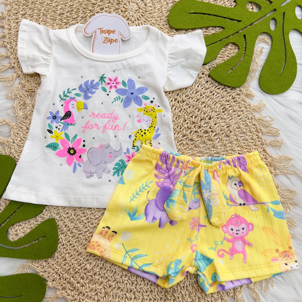 Verão 24/25 - Conj. Blusa Ready for Fun savana e Short Safari - Off White e Amarelo