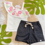 Verão 24/25 - Conj. Regata Floral com Short - Off White e Preto