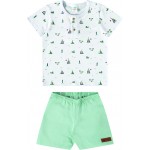 Verão 24/25 - Conj. Camiseta Barquinhos e Short - Branco e Verde Água