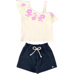 Verão 24/25 - Conj. Regata Floral com Short - Off White e Preto