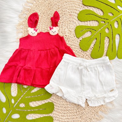 Verão 24/25 - Conj. Regata Ursinha em Malha Wave e Short em Sarja - Vermelho e Off White