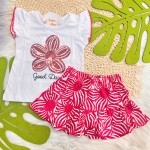  Verão 24/25 - Conj. Blusa Good Day e Short-Saia Flores - Branco e Vermelho