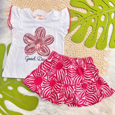Verão 24/25 - Conj. Blusa Good Day e Short-Saia Flores - Branco e Vermelho