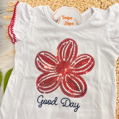 Verão 24/25 - Conj. Blusa Good Day e Short-Saia Flores - Branco e Vermelho