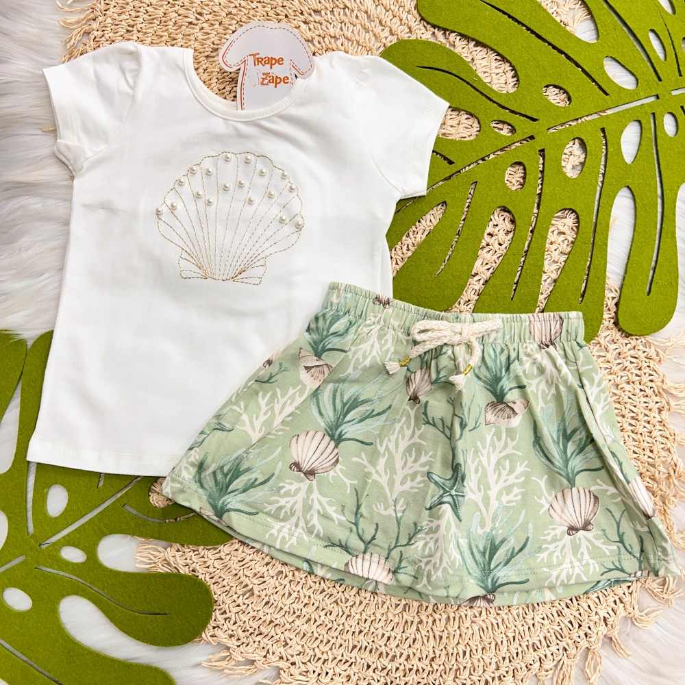  Verão 24/25 - Conj. Blusa Concha com Pérolas e Short Saia Fundo do Mar - Off White e Verde