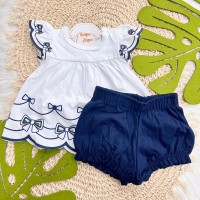  Verão 24/25 - Conj. Batinha com Lacinhos e Short - Branco e Marinho