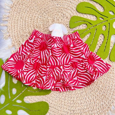 Verão 24/25 - Conj. Blusa Good Day e Short-Saia Flores - Branco e Vermelho