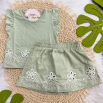 Verão 24/25 -Conj. Blusa e Short Saia com Flores em Lese - Verde