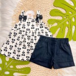 Verão 24/25 - Conj. Regata Flores de Corações e Short - Off White e Preto 