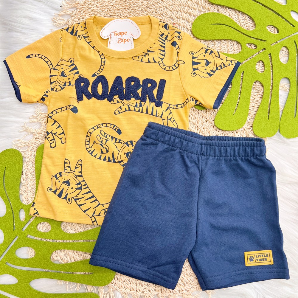 Verão 24/25 - Conj. Camiseta Tigre Roarr! e Bermuda - Mostarda e Marinho