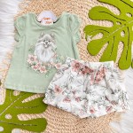  Verão 24/25 - Conj. Blusa Cachorrinha e Short Floral Abstrato - Verde e Off White