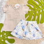  Verão 24/25 - Conj. Blusa Concha com Pérolas e Short Saia Fundo do Mar - Areia e Azul