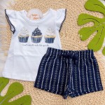 Verão 24/25 - Blusa Cupcakes e Short Corações - Azul Marinho e Branco