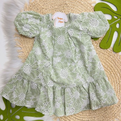  Verão 24/25 - Vestido com Manga Princesa e Flores em Lese - Verde