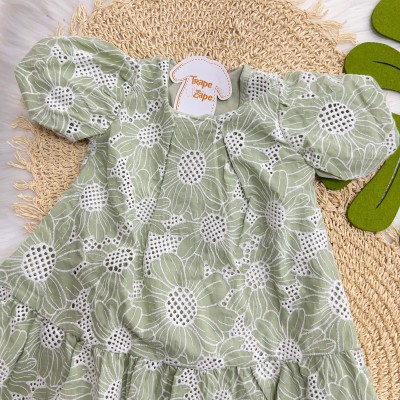  Verão 24/25 - Vestido com Manga Princesa e Flores em Lese - Verde