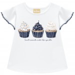 Verão 24/25 - Blusa Cupcakes e Short Corações - Azul Marinho e Branco