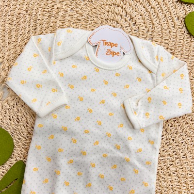  CONJ. DE MALHA 3 PEÇAS - Ursinha de Laço com Florzinhas - Off White e Amarelo