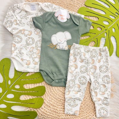 CONJ. DE MALHA 3 PEÇAS - Folhagem Elefante - Verde Musgo e Off White