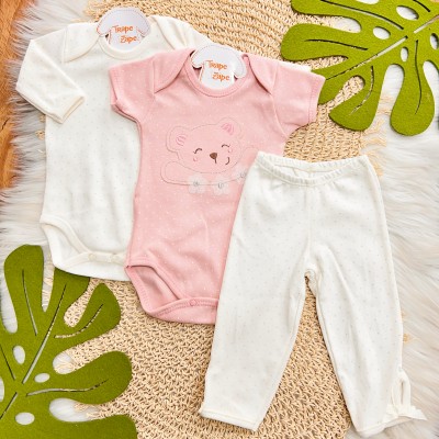 CONJ. DE MALHA 3 PEÇAS - Ursinha com Flores- Off White e Rose