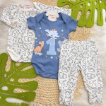 CONJ. DE MALHA 3 PEÇAS - Mini Dino - Azul Jeans e Off White