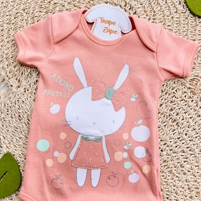 CONJ. DE MALHA 3 PEÇAS - Coelhinha com Frutinhas - Off White e Rose