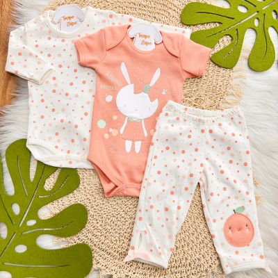 CONJ. DE MALHA 3 PEÇAS - Coelhinha com Frutinhas - Off White e Rose