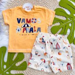  Verão 24/25 - Conj. Camiseta "Vamos À Praia" e Short em Táctel - Laranja e Bege