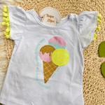 Verão 24/25 - Conj. Blusa "Meu Sorvete Favorito" e Short em Moletinho Sorvetinhos - Branco e Verde Água