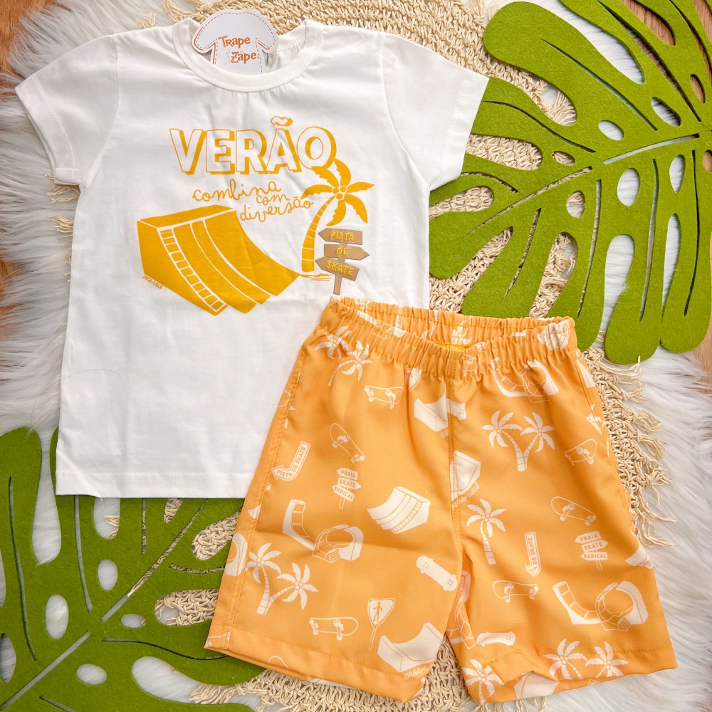  Verão 24/25 - Conj. Camiseta "Verão Combina com Diversão" e Short em Táctel - Off White e Laranja