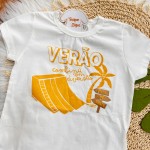  Verão 24/25 - Conj. Camiseta "Verão Combina com Diversão" e Short em Táctel - Off White e Laranja