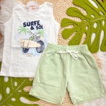  Verão 24/25 - Conj. Regata Surf & Sol e Short em Moletinho - Off White e Verde