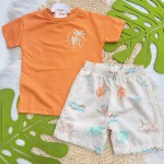  Verão 24/25 - Conj. Camiseta Surf, Praia e Sol com Bermuda em Táctel - Laranja e Creme