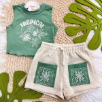 Verão 24/25 - Conj. Regata Cropped Tropical e Short com Bolsos Frontais - Verde e Areia