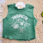 Verão 24/25 - Conj. Regata Cropped Tropical e Short com Bolsos Frontais - Verde e Areia