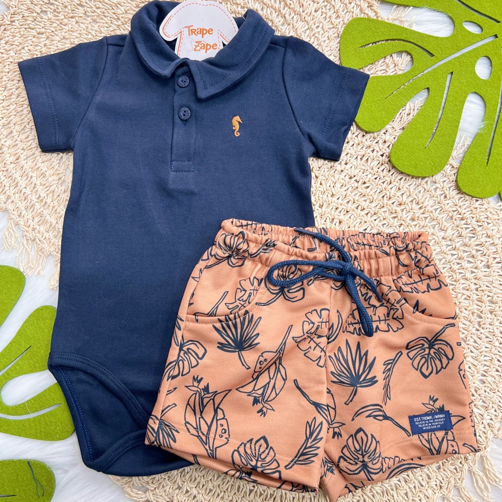 Verão 24/25 - Conj. Body Polo e Short em Moletinho Folhagem - Azul Marinho e Ferrugem