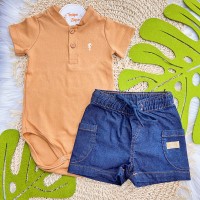 Verão 24/25 - Conj. Body com Botões  e Short Jeans -Caramelo e Azul