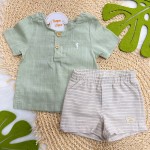 Natal 2024 Verão 24/25 - Conj. Camisa Lisa com Botões e Short Listrado - Verde e Areia