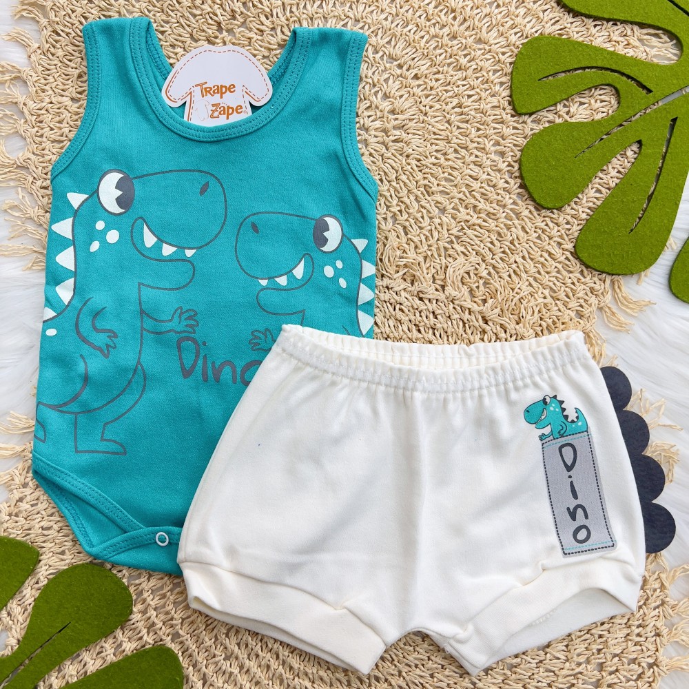 Verão 24/25 - Conj. Body Regata Dino e Short - Verde e Off White