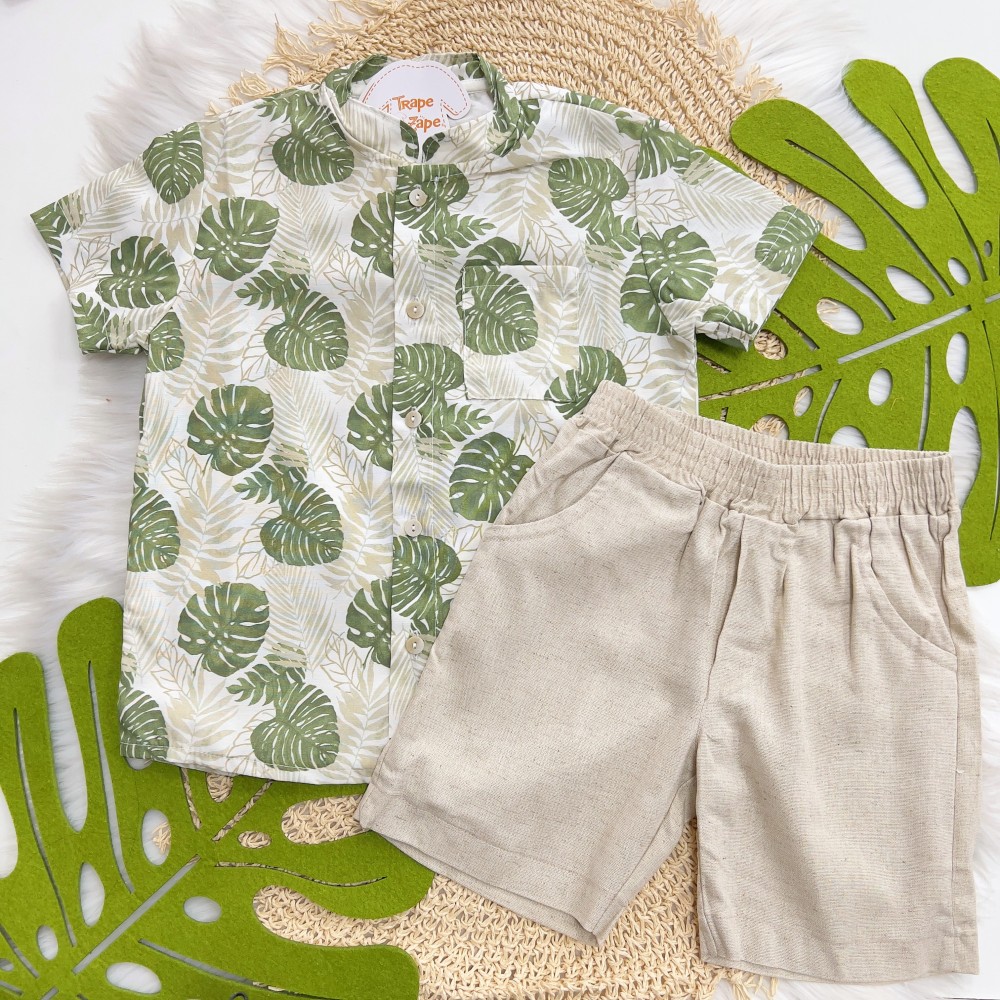 Verão 24/25 - Conj. Camisa Tricoline Folhagem e Short em Linho - Areia e Verde