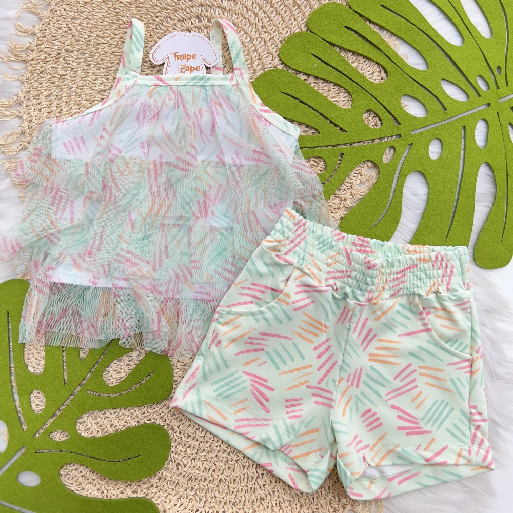 Verão 24/25 - Conj. Regata com Babado em Tule e Short - Verde