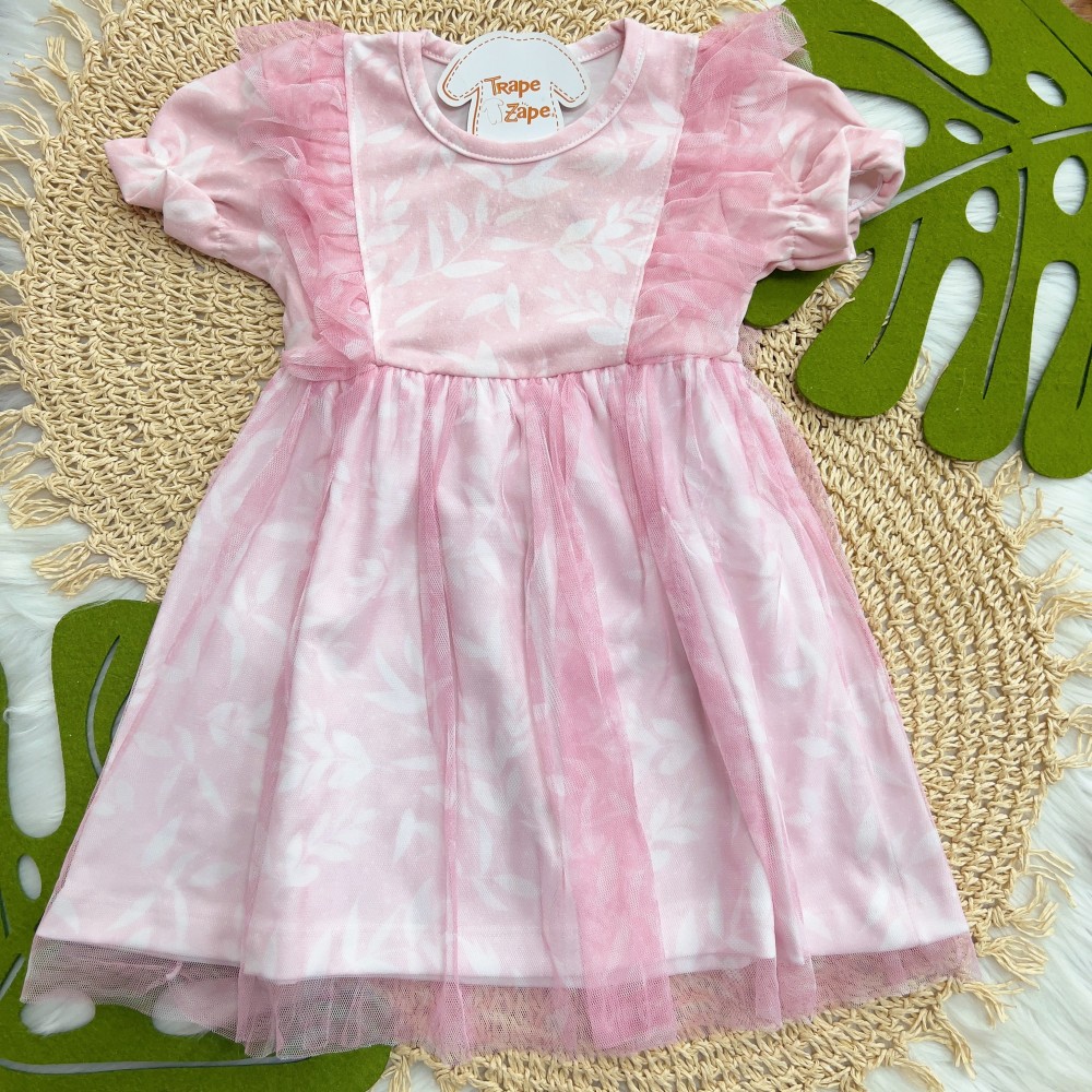 Verão 24/25 - Vestido em Tule Folhagem - Rosa