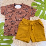 Verão 24/25 - Conj. Camiseta Rústica Dinos e Short em Moletinho - Marrom e Ferrugem