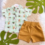 Verão 24/25 - Conj. Camisa Dinos Felizes e Short Moletinho - Verde Ferrugem